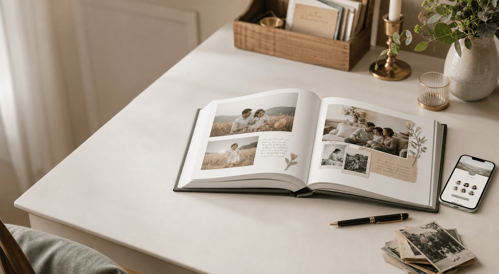 Livre photo familial ouvert avec photos anciennes et téléphone d'invitation